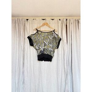 I.N. San Francisco Cold Shoulder Blouse Smocked Waist Yellow Gray Black Size M